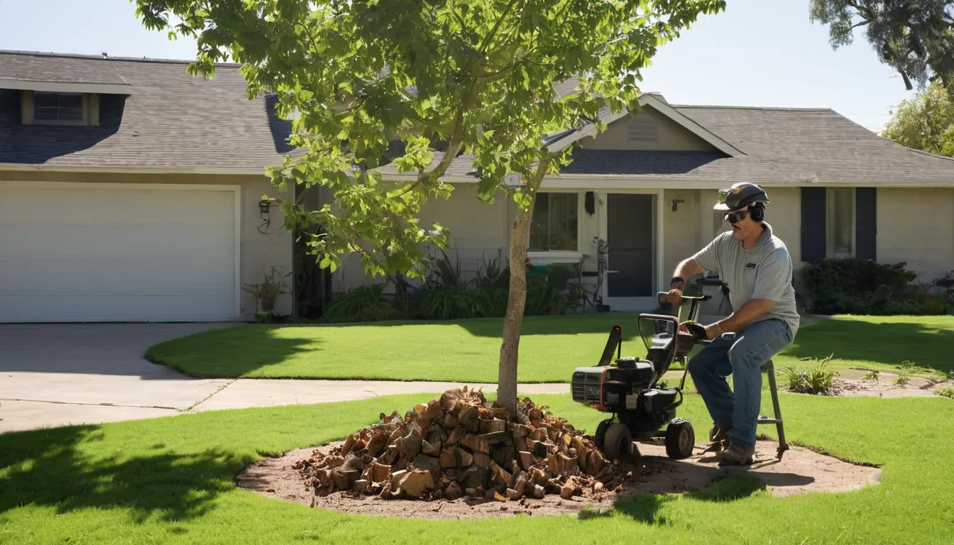 Local stump grinding provider working in a residential yard near an older home in the Oakland area