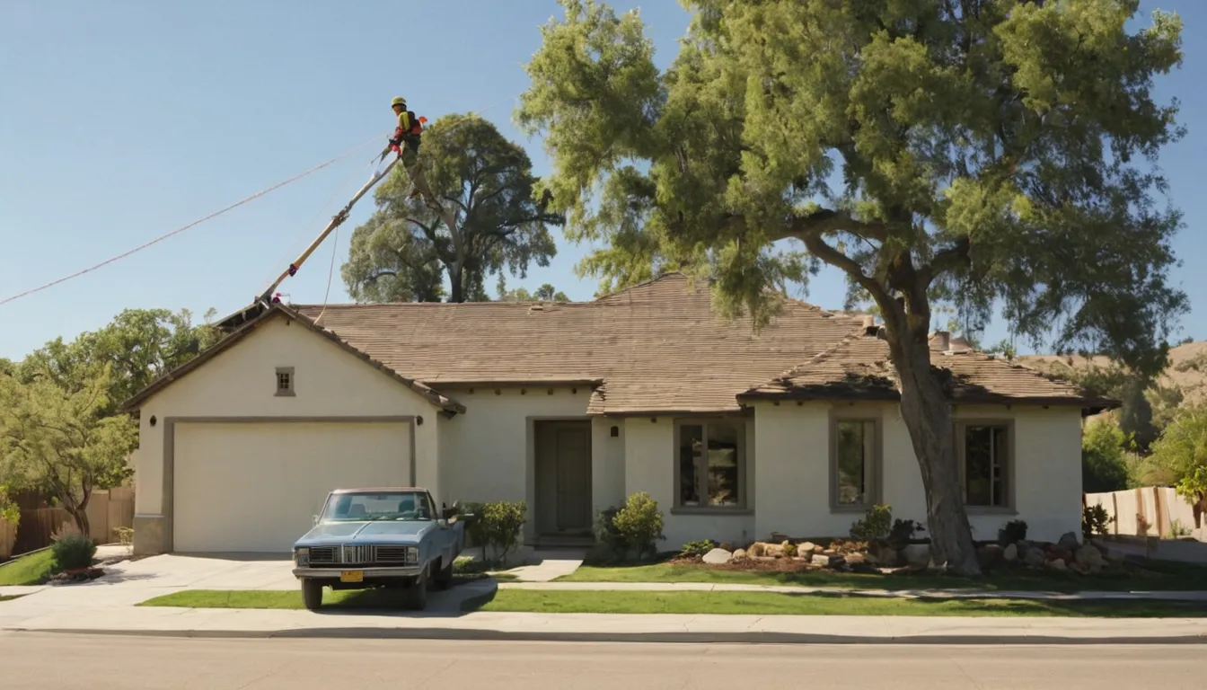 A local tree removal provider safely taking down a large tree beside an older stucco home in Oakland